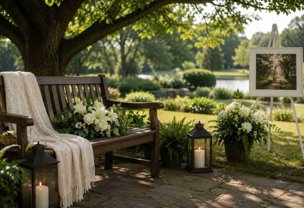 Lugn minnesplats i trädgård med bänk, blommor och tända lyktor