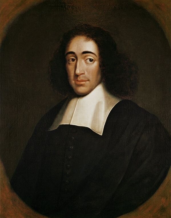 Porträtt av Baruch Spinoza i svart klädsel och vit krage