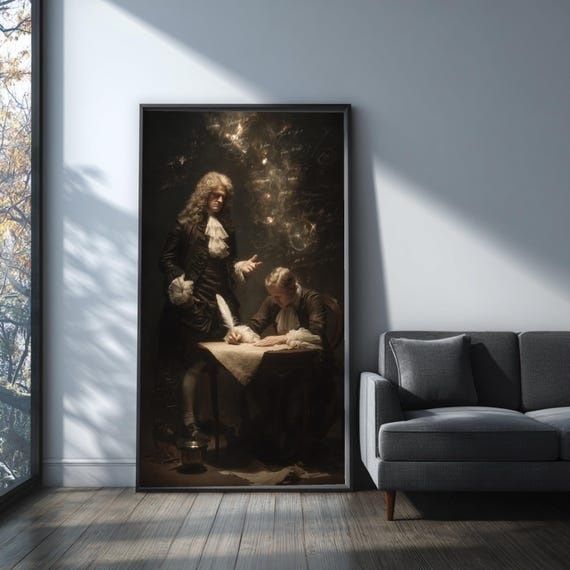 Historisk scen med skrivande män i en mörk tavla bredvid en modern soffa