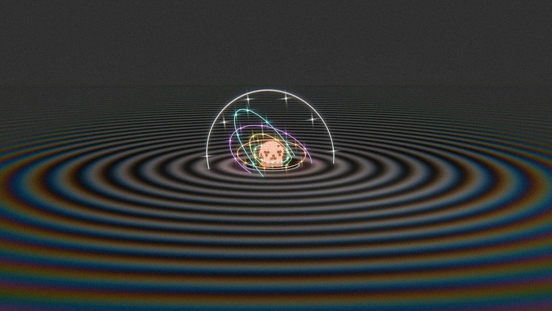 Illustration av en atom med färgade banor och vågor i koncentriska ringar
